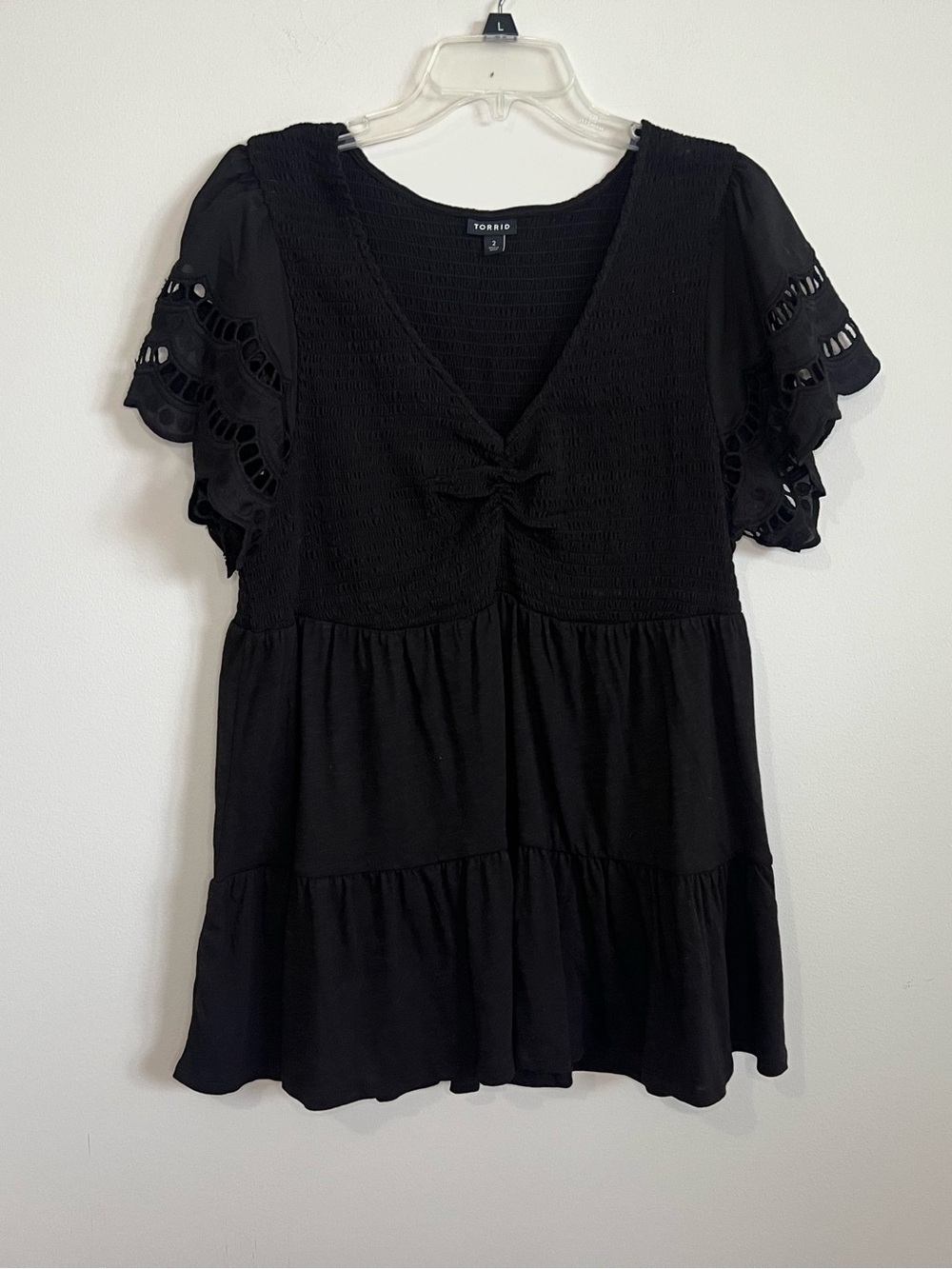 torrid Black Smocked V-Neck Tiered Babydoll Top with Eyelet Sleeves